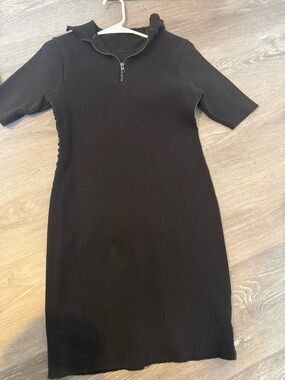 Calvin Klein Black Ribbed Half-Zip Midi Dress